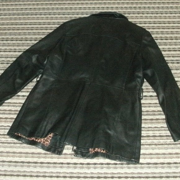 Covington Fitted Black Soft Leather Jacket Coat Full Zip Animal Print Lining ~ L - Picture 5 of 5
